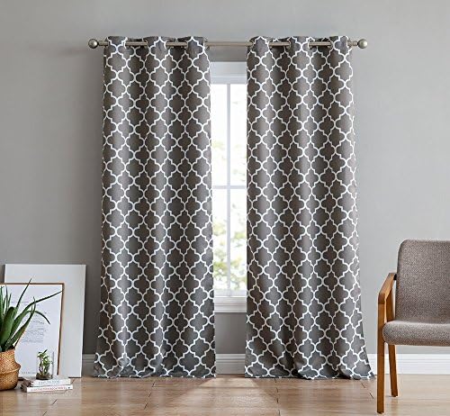 Lattice Print Thermal Insulated Room Darkening Blackout Window Curtain Panels for Bedroom - Set of 2 - 37" W x 84" L - Grey