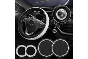 OUTIGU Diamond Bling Steering Wheel Cover for Women Universal Fit 15 Inch, Sparkly Car Wheel Protector with Bling Cup Holder Insert Coasters Rhinestone Ring Emblem Sticker, 5 Pack Car Interior Accessories