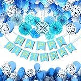 🌊CONJUNTO DE DECORACIONES DE CUMPLEAÑOS: Este juego de decoraciones para fiestas de cumpleaños viene con 1pcs "HAPPY BIRTHDAY" papel banner, 20pcs Látex globos (Color: azul y azul claro), 10pcs confetti puntos globos, 6pcs papel azul abanicos, 4 piezas papel pompones papel pompón y