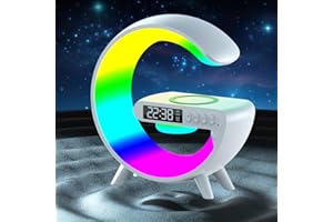 Fiorky Lampe d'ambiance Réveil LED avec chargeur sans fil, haut-parleur Bluetooth en forme de G avec réveil lumineux, lampe d'ambiance réveil pour chambre d'enfant et adulte