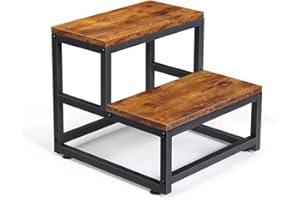 LIANTRAL Scaletta per adulti e bambini, scaletta 2 gradini, in acciaio resistente e robusto legno, supporta fino a 200 kg, sgabello per letto alto, cucina, bagno, retro marrone e nero