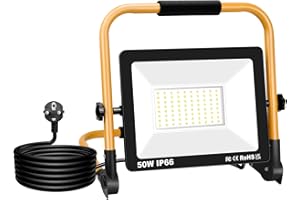 Projecteur Chantier LED avec Câble, Willpower 50W Lampe de Chantier 5000LM Spot LED Extérieur 6500K Blanc Etanche IP66 Portable Lampe de Travail Rotation à 360° Pour Garage Atelier Construction