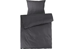 ‎PURE LABEL Pure Label Mako Satin Damast Streifen Bettwäsche dunkelgrau 135 x 200 cm mit Kissenbezug 80 x 80 cm aus 100% Baumwolle | Traumhaft weiches Mako Satin Bettwäsche Set in Uni