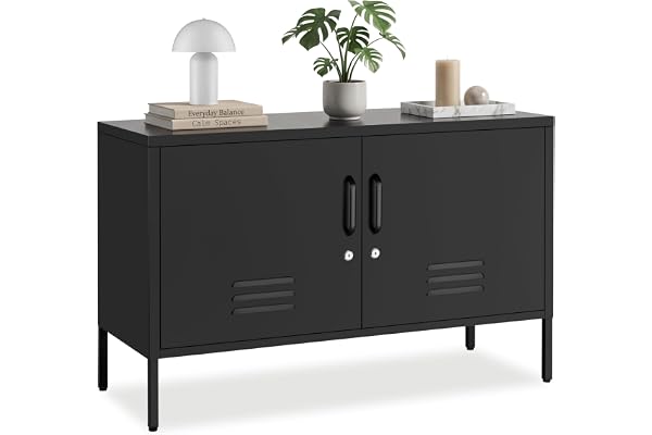 tectake® Sideboard med 2 dörrar, 100 x 42,5 x 65 cm, magnetlås | justerbart hyllplan, låsbart, höjdjusterbara fötter, 2 kabelgenomföringar, tippskydd, ventilationsöppningar