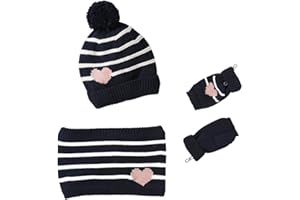 VERTBAUDET Ensemble Bonnet + Snood + moufles/Mitaines Rayures/Coeur Fille