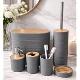 6 Par&ccedil;a Banyo Seti, Bambu Detaylı, 8L &Ccedil;&ouml;p Kovası 24x26x16 cm (Gri)