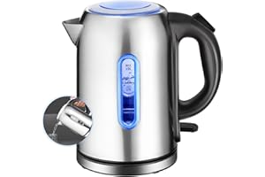 LULUANPING Wasserkocher, 1.7 Liter Teekocher Edelstahl, 2200 Watt, BPA frei, Heizelement aus Edelstahl, Wasserstandsanzeige, Blaue LED-Beleuchtung, Edelstahl Matt, Auto-Off, Trockengehschutz
