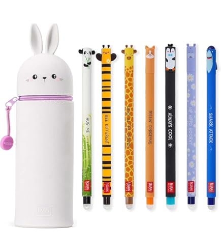 GVMJHYK 1PCS Trousse Ecole 2 En 1 En Silicone Souple Kawaii Et 6pcs Stylos Rétractables à Encre Gel Effaçables à Pointe Fine De 0,5 Mm, Fermeture Eclair En Silicone Pochette De Stylo