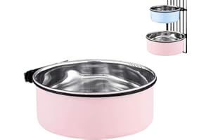 SUOXU Miska na wodę do klatek i klatek dla psów, 2 w 1, wisząca miska dla zwierząt domowych, klatka ze stali nierdzewnej, średniej wielkości karmnik dla psów, miska na wodę (różowa 1,7 l/1 szt.)