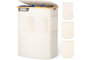 OUSFOT Kosz na pranie z 3 przegródkami i pokrywką, 158 l, składany kosz na pranie z tkaniny Oxford 600D, z wyjmowaną torbą na pranie, przednią kieszenią z tkaniny, pojemnik na pranie do prania, beżowy