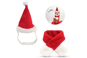 QUMENEY 1 Pack (2PCS) Dog and Cat Xmas Outfit, Pet Xmas Costumes, Adjustable Santa Claus Hat and Scarf for Kitten and Puppy