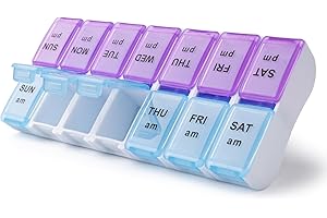 DECEMBER SPRINGS Pill Box Organiser - Pill Boxes 7 Day 2 Times a Day Weekly Medicine Storage Box | Daily Pill Organiser with Dosset Compartments | Large Capacity Tablet Box (Purple, Two Times a Day)