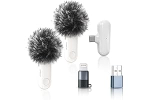 LAMSCAT Bezprzewodowy mikrofon lavalier do iPhone/iPada/Android/USB c/PC, mikrofon lavalier, bezprzewodowy do nagrywania, streamingu na żywo, YouTube, TikTok, redukcji szumów, bez konieczności stosowania (biały-2to1)