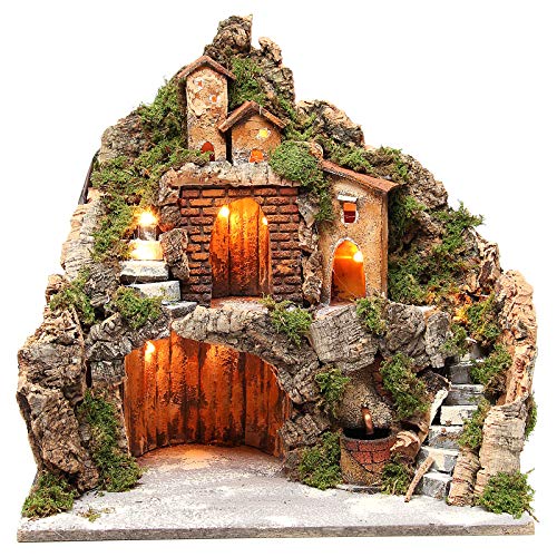 Holyart Pueblo Iluminado con cabaña, Cascada y Escalera para belén 40x40x30 cm