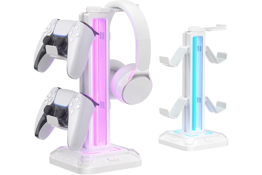 KDD Headset Stand with 9 Light Modes - Gaming Controller Holder for Desk - Rotatable Headphone Stand & Detachable Controller Hook for Gamer Gaming PC Xbox ONE PS5 Earphone Accessories(White)