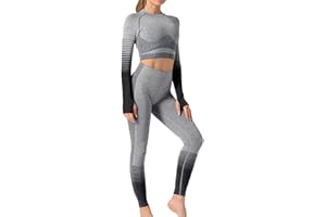 LITTHING Conjunto Tops Yoga Seamless Gradient Yoga Top de Manga Larga Pantalon Deportivo Leggings Sin Costuras Mujer Alta Cintura Elásticos Fitness para Mujeres Gym Running Yoga