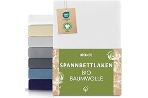 ‎DREAMZIE Dreamzie Premium Spannbettlaken 140x200cm bis 160x200cm Weiß, Spannbetttuch aus 100% Jersey Biobaumwolle, 150 g/m² - Oeko-TEX