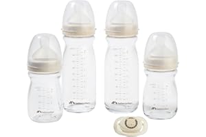 Bebeconfort Physio Air Care, Lot de Biberons en Verre Anti Colique, 0+ mois, Comprend 4 Biberons Nouveau-né et une Sucette, Sucette de Forme Physiologique et Tétines en Silicone