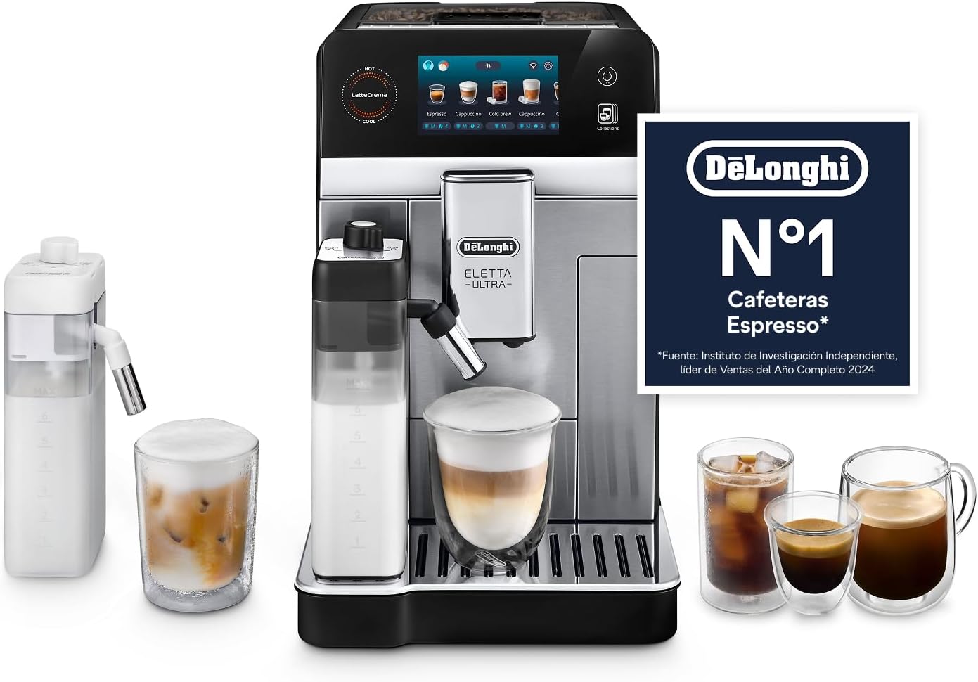 De’Longhi Eletta Ultra – Cafetera Superautomática con Jarra de leche automática, 50+ Bebidas Calientes y Frías, Silent Technology, Pantalla Táctil a Color, Color Metal (ECAM472.85.MB)