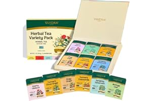 VAHDAM Set Degustazione Tisane | 36 Filtri, 6 Gusti | Curcuma Agrumi Zenzero, Curcuma Camomilla, Ibisco, Moringa, Menta Verde, Zenzero | Senza Caffeina e Non OGM | Idee Regalo Donna e Uomo