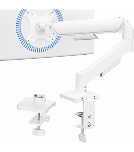 ETHU Enkele monitorarm Heavy Duty bureausteun met gasveer, volledig beweegbare VESA-bevestiging voor schermen van 17-40 inch tot 14 kg, ergonomische standaard voor kantoor en thuis, wit
