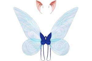 SINSEN Feenflügel Erwachsene Feenflügel Kinder, Fairy Wing Für Mädchen Damen Mit Elfenohren Halloween Karneval Fee Cosplay Kostüm Sich Kostümieren (Blau Flügel Set)