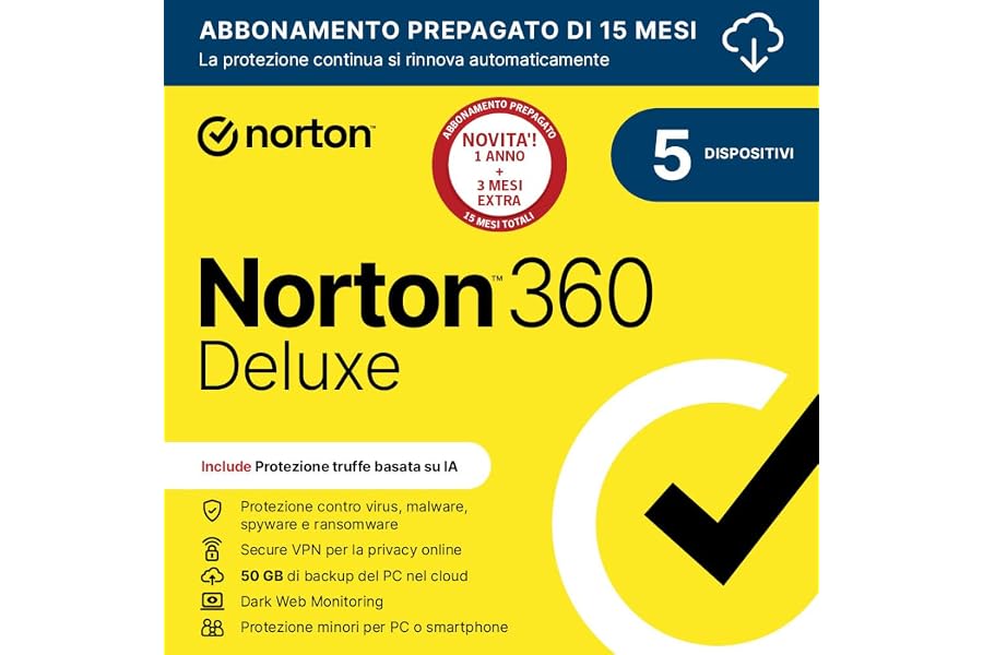 Norton 360 Deluxe 2025| Antivirus 5 dispositivi|15 mesi rinnovo automatico|Digital Download