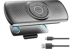 AGPTEK Kit Mains Libres pour Voiture Bluetooth 5.0 Haut-Parleur Micro Intégré avec Clip Support du GPS, Musique Slot Carte TF Reconnexion Automatique, Enceinte Voiture Brise-Soleil iOS Siri&Assistant Google