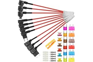 Aiqeer 10 Sztuk 12V / 24V Zestaw Uchwyt Bezpiecznika, Kran Bezpiecznika Samochodowego z Przewodem 16 AWG, Bezpłatne 18 Sztuk Płaskich Bezpieczników i Ściągacz Bezpieczników (Terminal Tyłkowy)