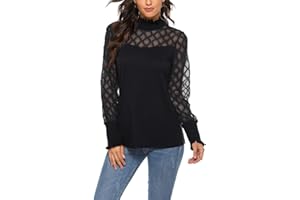 iWoo Damskie topy; elegancka koronkowa siateczka; półprzezroczysta bluzka na co dzień; z długim rękawem, golf, okrągły karczek; dopasowany krój, T-shirt