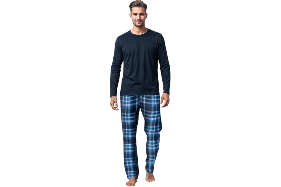 Mens Long Sleeve Pyjamas set Cotton Rich Top Brushed Fleece bottoms Top Pant PJ Nightwear/Loungewear Set Gift