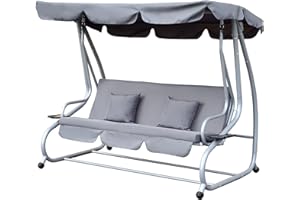 Outsunny Balancelle de Jardin 3 Places Convertible Toit Inclinaison réglable 2 tablettes Support 2L x 1,2l x 1,64H m métal époxy Noir Polyester Gris
