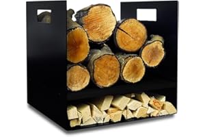 Volcann Modern Firewood & Kindling Log Basket Holder & Carrier for Woodstoves & Fireplaces - Heavy Duty British Steel - Durable Black Finish - Made in the UK - 40cm x 40cm x 40cm