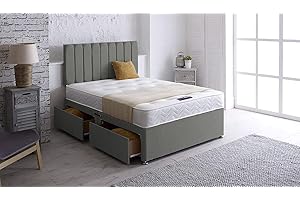 GHOST BEDS Zidane Divan Bed Set 2 Drawers Same Side With 10" Memory Sprung Mattress & 24" Headboard (Grey, 4FT6 DOUBLE)