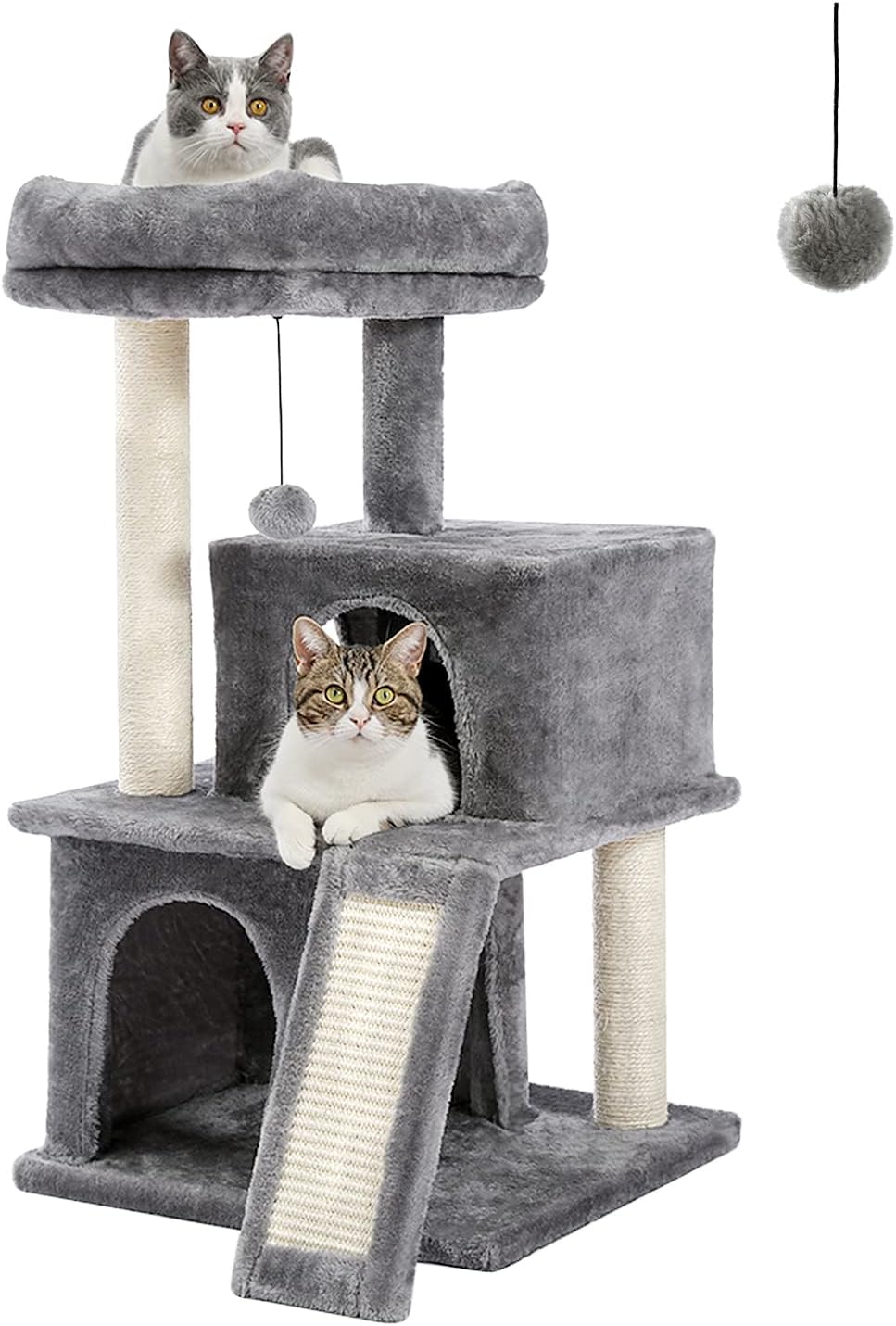 PETEPELA Cat Tree 90cm Cat Tower with Double Condos, Removable Spacious Perch, Fully Wrapped Scratching Posts for Indoor Cats, Replaceable Dangling Balls, 35 Inches Grey
