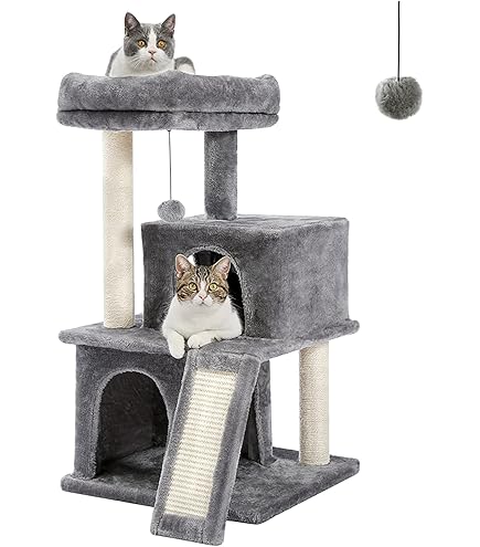 Basics – Kattenkrabpaal met huis, hangmat, bed en krabstam, 41 x 51 x 41 cm, grijs