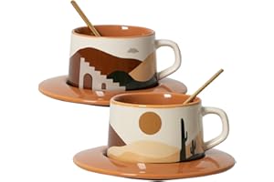 SHENDONG Ceramiczne kubki latte do kawy, zestaw 2 sztuk, nowatorskie kubki do herbaty z łyżeczkami, kubki z serii Creative Oasis, 250 ml do cappuccino latte mokka, prezenty dla kobiet i przyjaciół