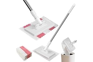 QUAZARPYON Microfibre Mop with Pressure Clamping System, Automatic Clamping Cloth with 4 Reusable Microfibre Cloths, Removable Mop for Practical Cleaning, Clip for Cloths without Hand Wash