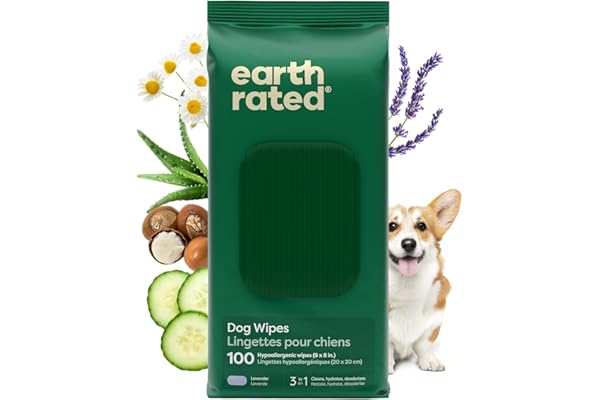 Earth Rated Toallitas hipoalergénicas para Perros, para Limpiar y Eliminar olores de Patas, Cuerpo y Trasero, Cachorros y Perros Adultos, Aroma a Lavanda, 100 Unidades
