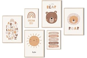 MeinBaby123® Poster Kinderzimmer | 6er Set DIN A4 | Wandbilder | Kinderzimmer Poster | Deko Bilder Kinderzimmer | Affirmationen | ABC Poster | Babyzimmer Deko (V2 Süße Tiere)