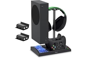 FYOUNG Soporte de refrigeración vertical para consola y controlador Xbox Series S, estación de carga con 2 baterías recargables de 1400 mAh, soporte para auriculares para Xbox Series S