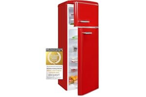 Exquisit® Frigorífico Dos Puertas, Capacidad 206L, Rango Energético E, Estantes de Cristal, Cajón Verdulero, Ajuste de Altura, Iluminación LED Color Rojo, Dimensiones 146,5x54,5x57,5 cm.