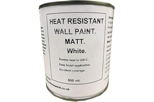 FASCINATING FINISHES LTD 1 x 500ml Matt White Heat Resistant Wall Paint. Wood Burner Stove Alcove. Brick, Concrete, Plaster, Cement Board, Rendering, Metal, Timber etc.