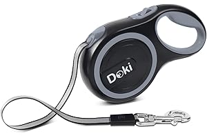 DOKI XL Large Retractable Dog Lead, 8m/26FT Reflective Strong Nylon Tape Ribbon Leash, One-Button Brake&Lock Extendable Dog Lead for Small Medium Dogs (Grey)