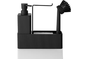 ‎AJEUNGAIN Spülmittelspender Küche Schwarz mit Seifenspender Spülbürste Schwamm Spültuchhalter, Seifenspender Küche Set, Spülbecken Organizer Schmal für Küchen Bad (Schwarz)