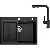 Sofetiy Granite Sink Black 60&times;45 cm, With Removable Kitchen Tap Black | Black Sink on Countertop, Granite Rectangular, with 2