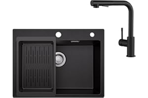 Sofetiy Fregadero de granito negro 60 × 45 cm con grifo de cocina negro extensible 2 tipos de chorro, fregadero de granito empotrable rectangular con grifo, juego completo