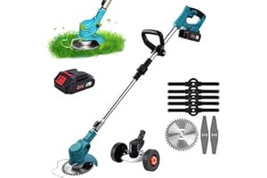 UIOEEJY Coupe Bordures sans Fil 21V, DéBroussailleuse à Batterie Electrique avec Batterie 1300mAh et Chargeur, 8 Lames, Tête Pivotante 90°, Roulette auxiliaire, Faible Bruit pour Jardin Élagage