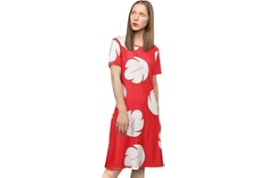 Funhoo Rouge Robe de Princesse Hawaïenne Impression Feuille Motif Costume Cosplay pour Filles Femmes Robe à Manches Courtes Été Fête Tenue Décontractée