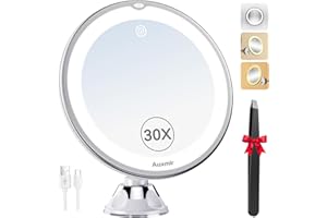 Auxmir 30X Magnifying Mirror, Rechargeable LED Magnifying Mirror with Strong Locking Suction Cup, 360° Rotating 3 Light Colors Dimmable Shaving Mirrors with Touch Switch, Bathroom Mirrors with Tweezer
